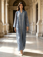Elegant and Dignified Women's Abaya with Heavy Crystal Bead Leaf Embroidery, Luxurious Long Robe - Vibrant Blue