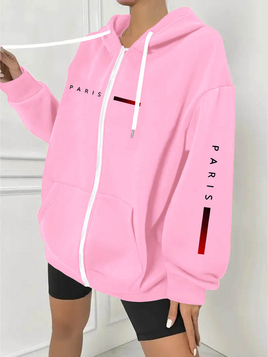 Plus Size - Plus Size - Plus Size Women'S Casual Autumn And Winter Letter Print Sweatshirt, Long Sleeve Pocket Hooded Zip Jacket, Women'S, Hoodie - Pink Color