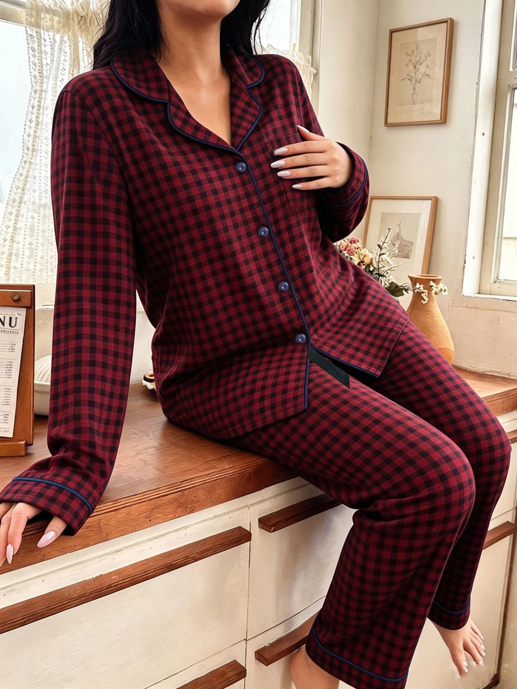 Plus Size Spring Autumn Plaid Lapel Pajama Set, Women'S Casual Comfortable Home Wear Set - Mixed colors
