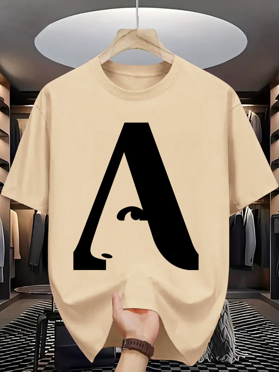Men's T-Shirt with Letter A Print - Casual Wear - Apricot