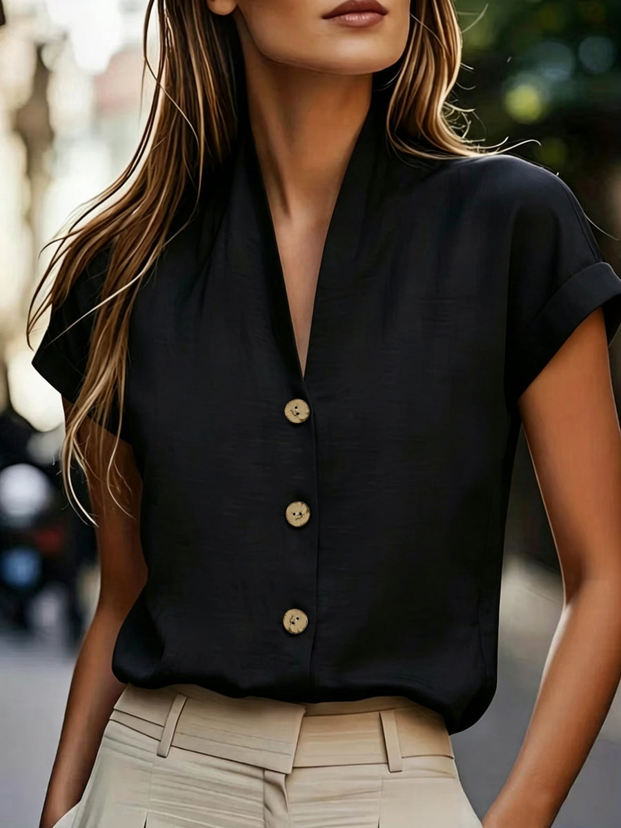 Spring and Summer Korean Style Easy V-Neck Ruffled Sleeve Shirt - Black