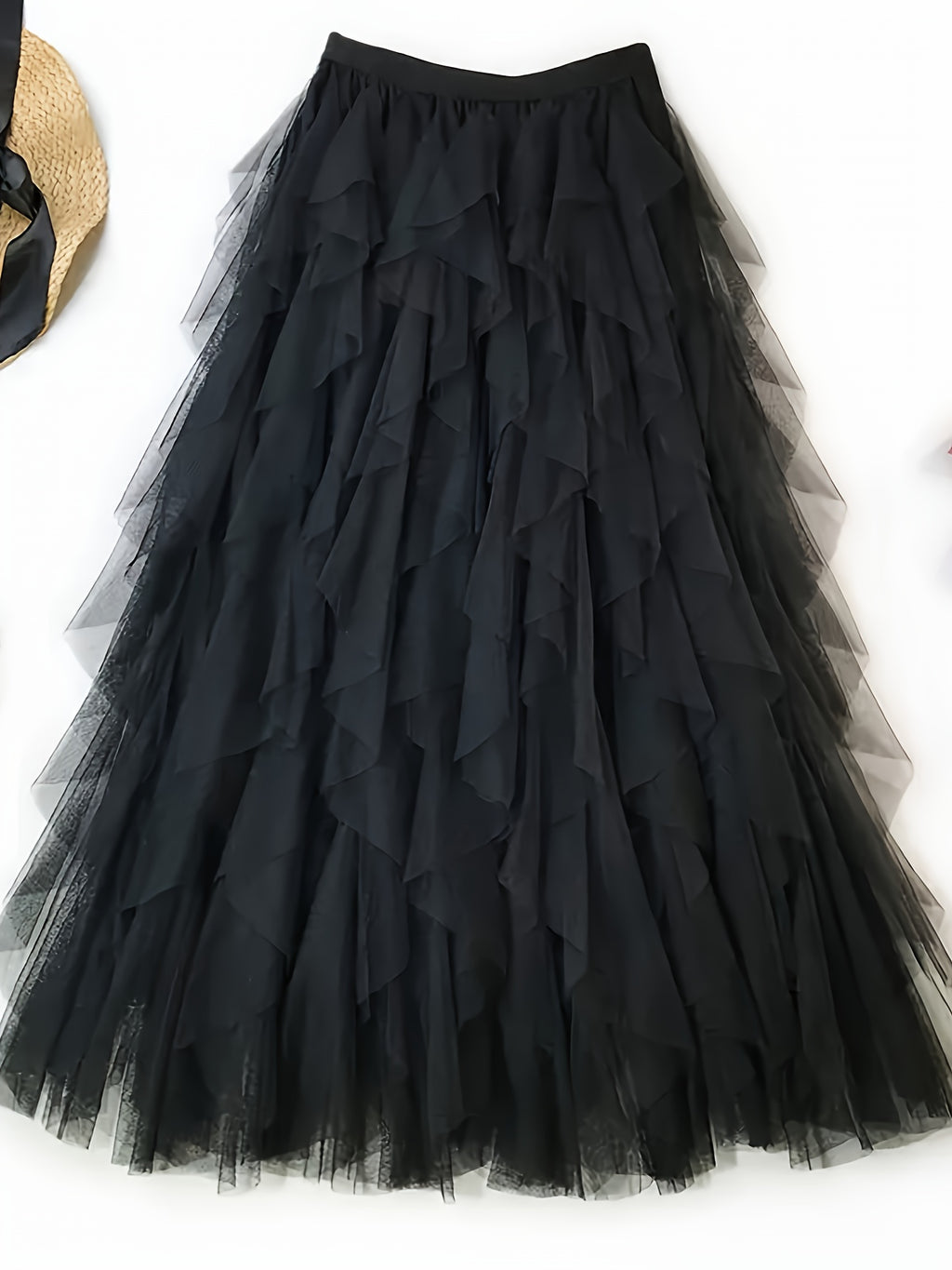 Chic Elegance, Elegant High-Waist A-Line Tulle Skirt for Women - Chic Korean-Style Spring Collection, Sheer Brown Polyester with Delicate Mesh Layers, Perfect for Summer Skirt - Black