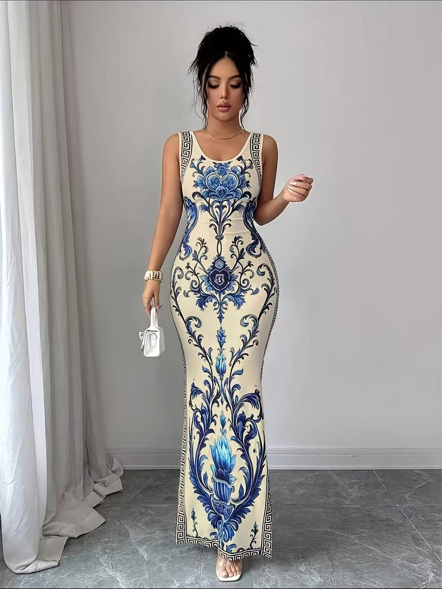 Elegant And Refined Sleeveless Round-Neck Slim-Fit Long Floral Print Dress with Side Slit. A Sophisticated Fashion Piece Perfect As a Bridesmaid Gown for Evening Galas, Parties, Vacations, And Beachside Wear - Blue