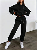 Autumn And Winter Trendy Fashion Hooded Drawstring Sweatshirt And Sweatpants Women'S Set, White Line Art Cat Print, Minimalist Line Style, Hooded Drawstring Design, Sweatshirt Front Kangaroo Pocket Design, Comfortable Wear in Cold Weather - Black