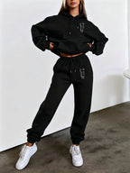 Autumn And Winter Trendy Fashion Hooded Drawstring Sweatshirt And Sweatpants Women'S Set, White Line Art Cat Print, Minimalist Line Style, Hooded Drawstring Design, Sweatshirt Front Kangaroo Pocket Design, Comfortable Wear in Cold Weather - Black
