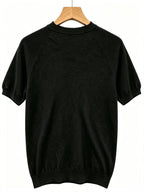 Men's Raglan Short Sleeve Knit Sweater with Coconut Tree and Sunset Small Embroidery, Crew Neck Casual Pullover Top - Black