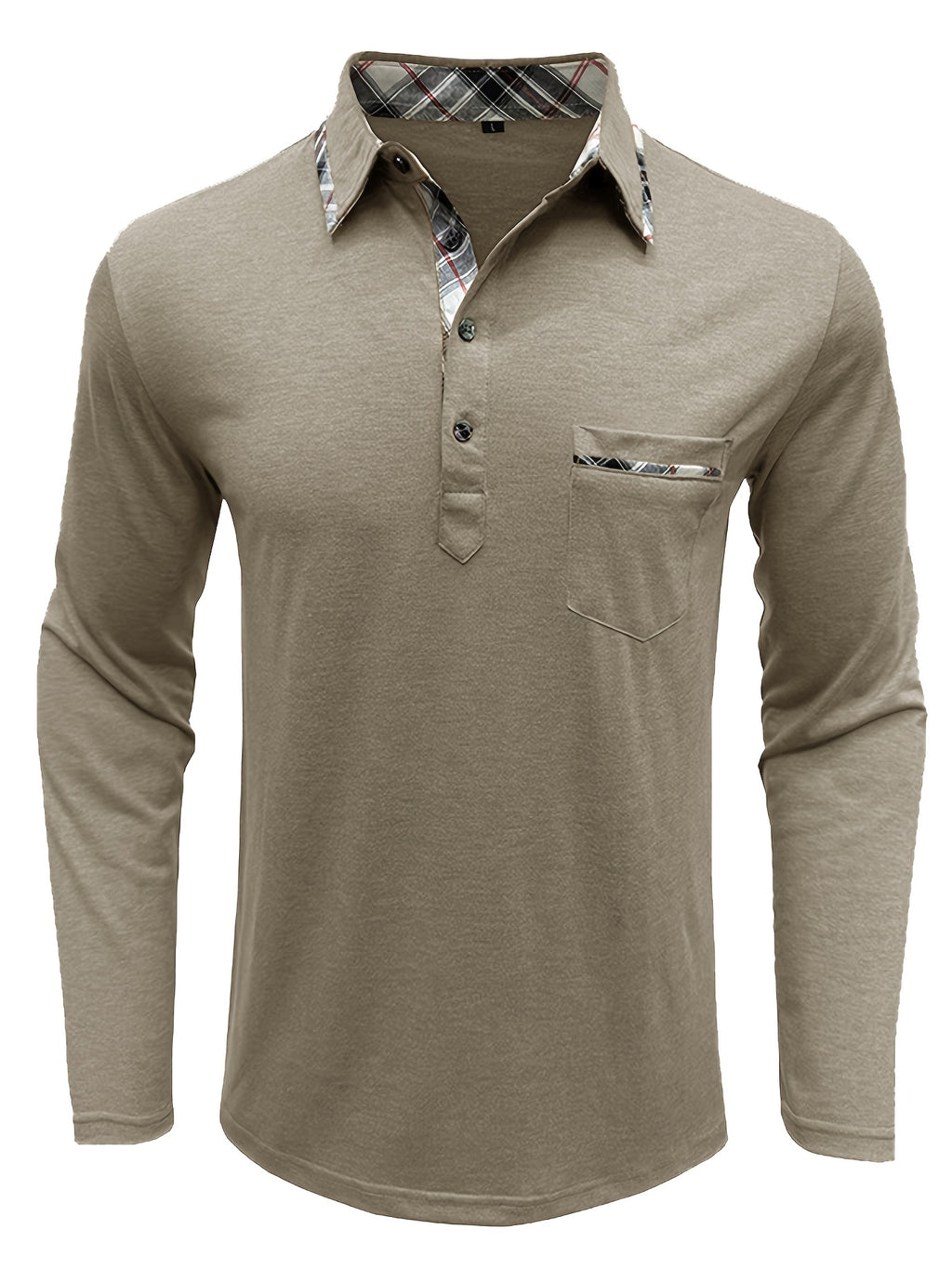 Spring and Autumn Fashion Men's Lapel Pocket Polo Shirt, Solid Color Casual Commuter Pocket Top - Khaki