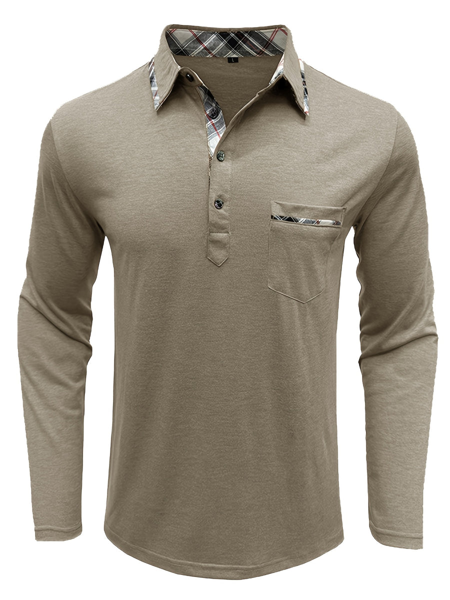Spring and Autumn Fashion Men's Lapel Pocket Polo Shirt, Solid Color Casual Commuter Pocket Top - Khaki