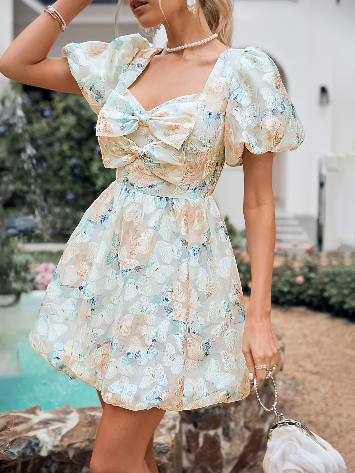 Ladies' Jacquard Bubble Sleeve Dress with Bow Waist Cinching A-Line Mini Skirt, Suitable for Weddings, Parties, and Dates - Off-white