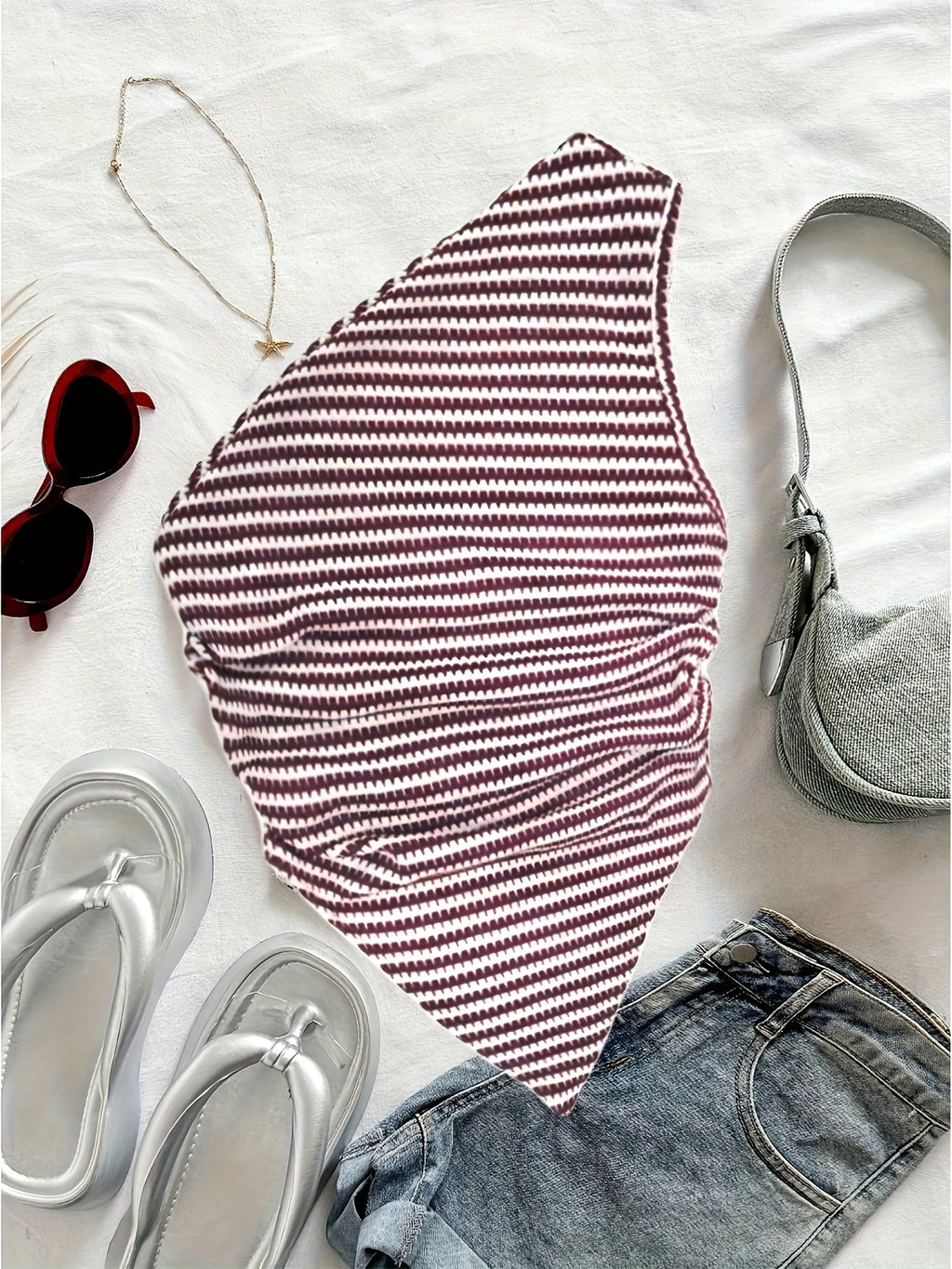Off-The-Shoulder Striped Temperament Women'S Top - Red And White