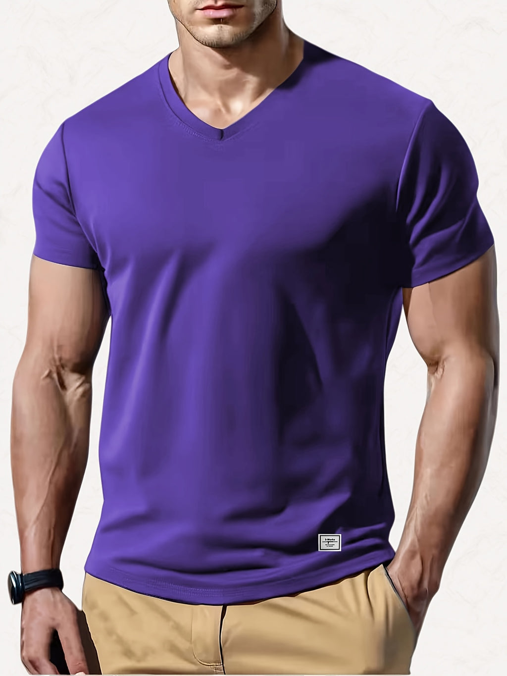 180g 100% Men's V-Neck Short-Sleeve Top, Casual T-Shirt, Solid Color Base Layer, "5-work" Summer All-Season Base Layer, Factory-Made for Men, Comfortable, High Quality, High Fit Rate, Casual Sportswear - Purple