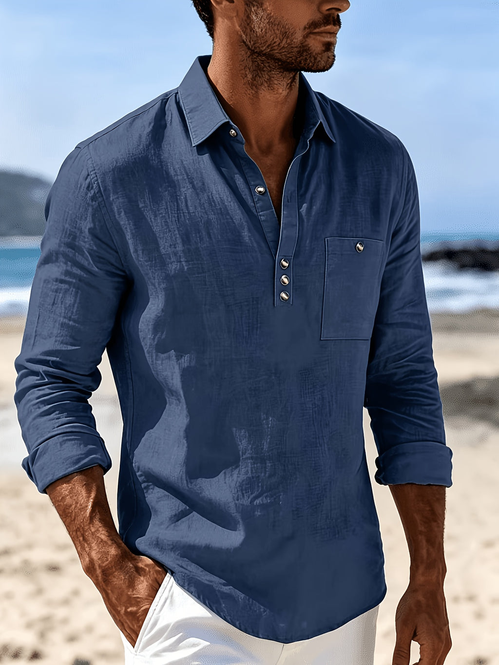 Men'S Fashion Lapel Breathable Comfortable Casual Long Sleeve Shirt - Navy Color