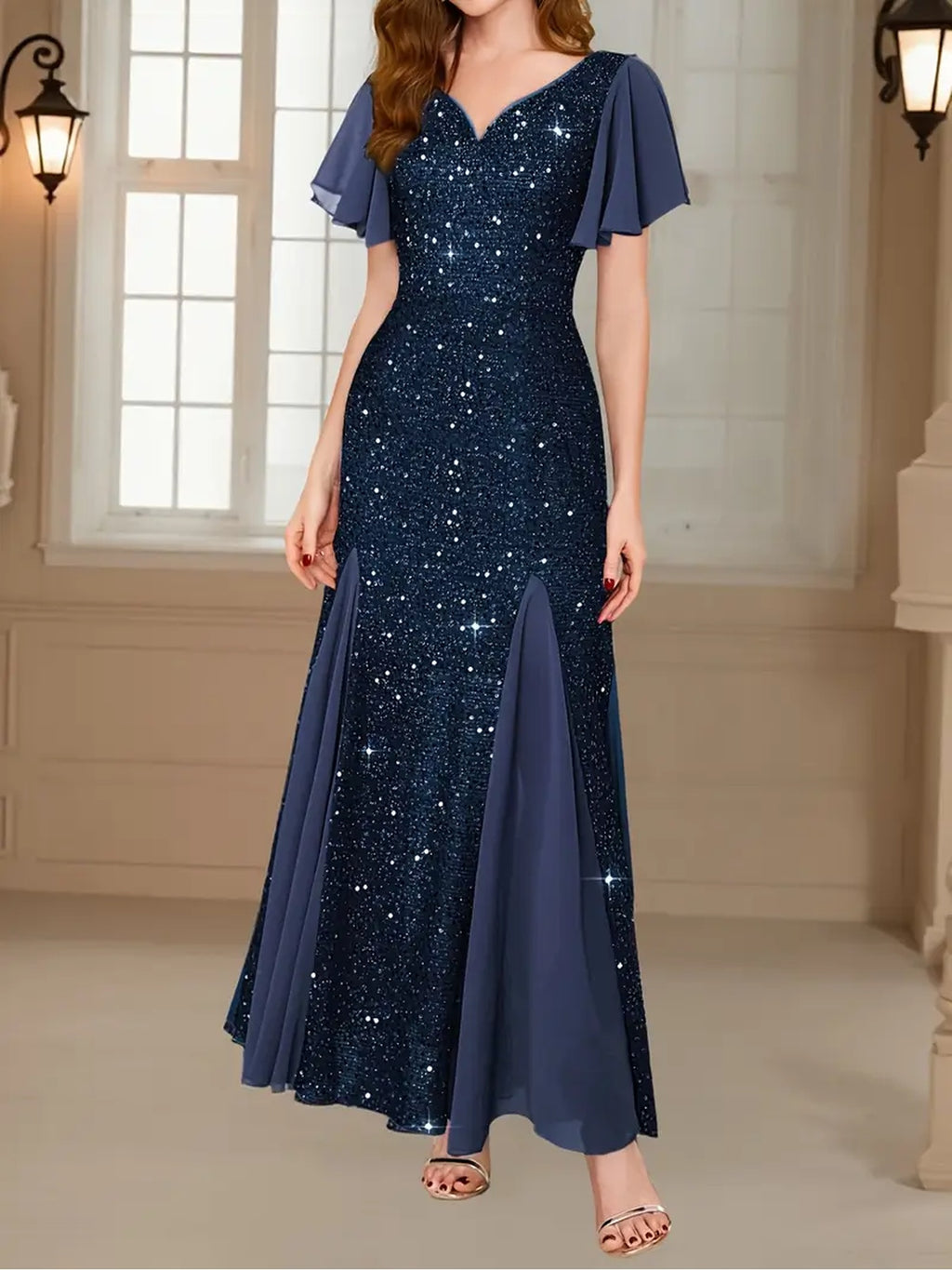Elegant and Sophisticated Blue Sequin Mermaid Dress for Women, Featuring a V-neck and Flutter Sleeve Design. A Stylish and Elegant Women's Formal Party Dress, Suitable for Formal Evening Events. High-end Wedding Gown with Sequin Embellishments - Blue