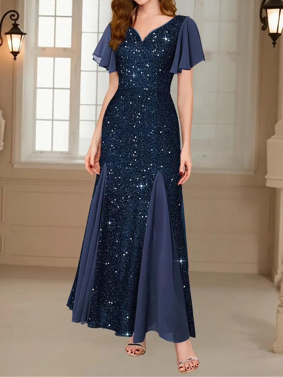 Elegant and Sophisticated Blue Sequin Mermaid Dress for Women, Featuring a V-neck and Flutter Sleeve Design. A Stylish and Elegant Women's Formal Party Dress, Suitable for Formal Evening Events. High-end Wedding Gown with Sequin Embellishments - Blue