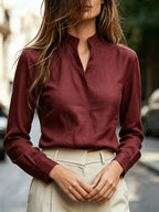 Long Sleeve Shirt for Women, Commute Blouse with Stand Collar - Burgundy