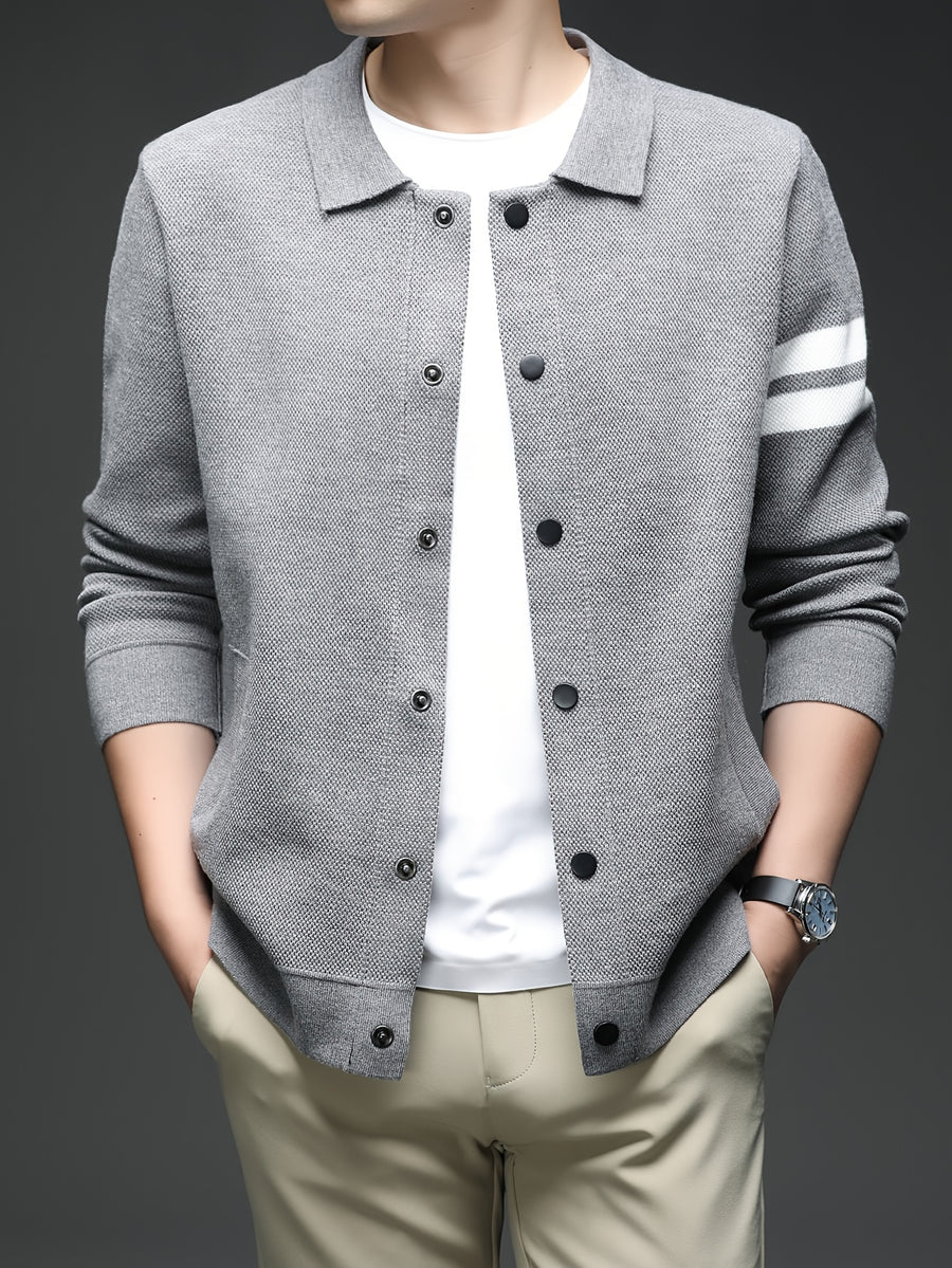 Star Dense Autumn-Winter Men's Striped Buttoned Open Front Long Sleeve Casual Turn Collar Knitted Cardigan, Mens Sleeveless Cardigans, Open Front Cardigan for Men, Cardigan, Men Plus Size Cardigan, Plus Size Mens Cardigan, Winter Wardrobe - Grey