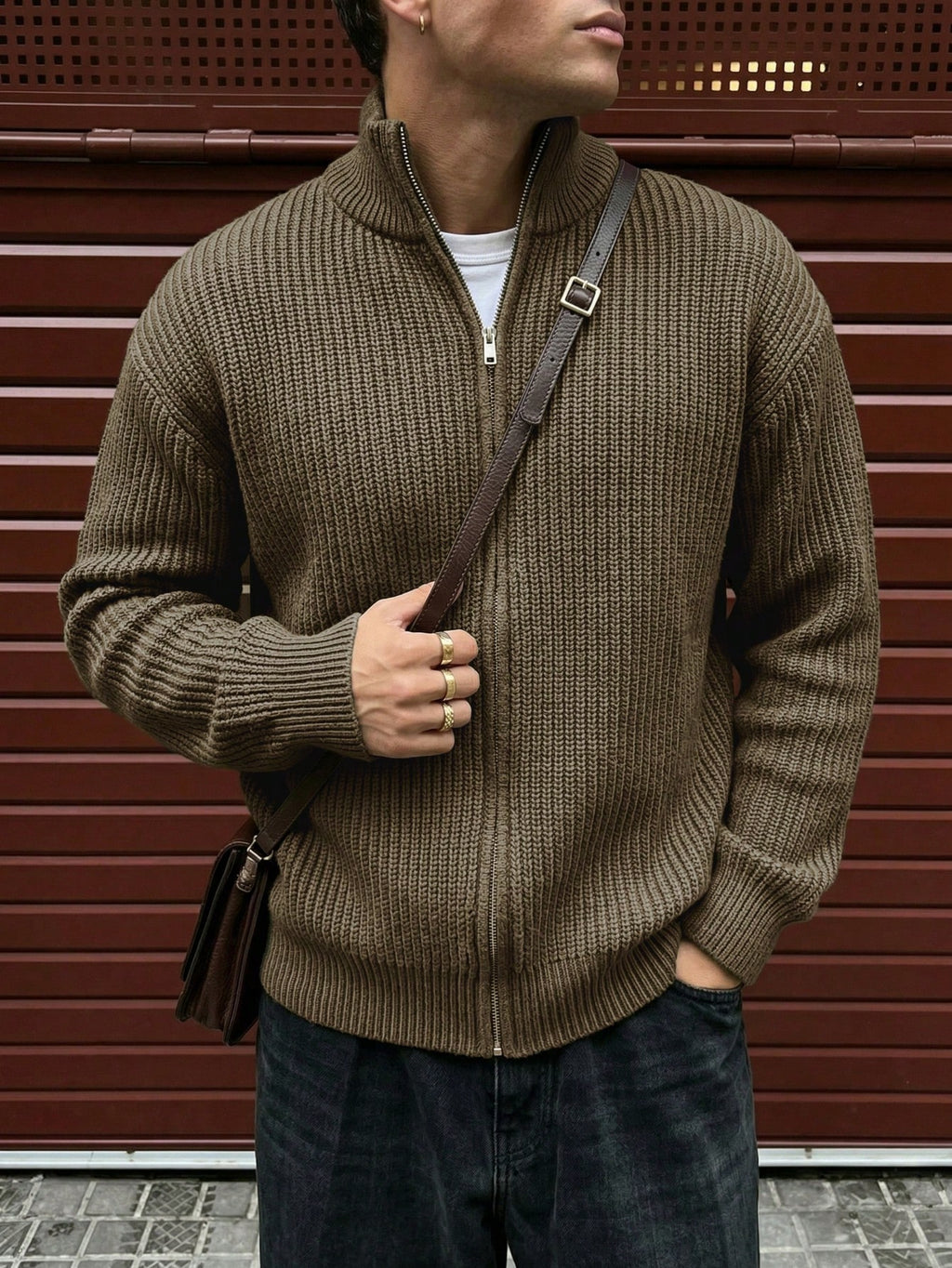 New Autumn/Winter Solid Color Lapel High Neck Cardigan Knit Sport Jacket Zip-Up Commuter Daily Casual Dark Green Short Knitted Top - Dark Green