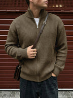 New Autumn/Winter Solid Color Lapel High Neck Cardigan Knit Sport Jacket Zip-Up Commuter Daily Casual Dark Green Short Knitted Top - Dark Green