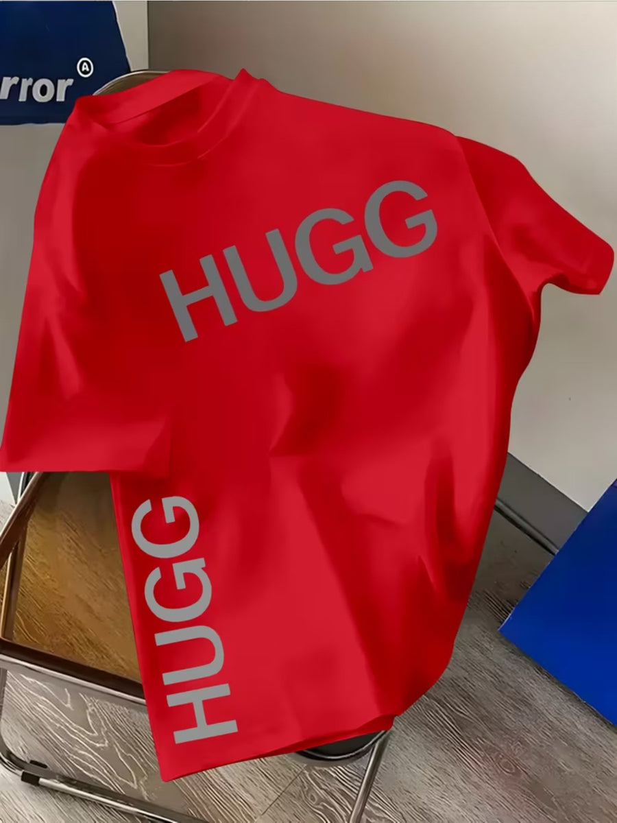 Fashionable Brand Men'S Summer Oversized Top with HUGG Letter Print, Short And Clear Style, Loose Cut, High Quality, Short Sleeve Shirt, Eye-Catching Men'S Summer Item, Suitable for Daily And Weekend Use, Fashionable Summer Outdoor Men'S Clothing - Red