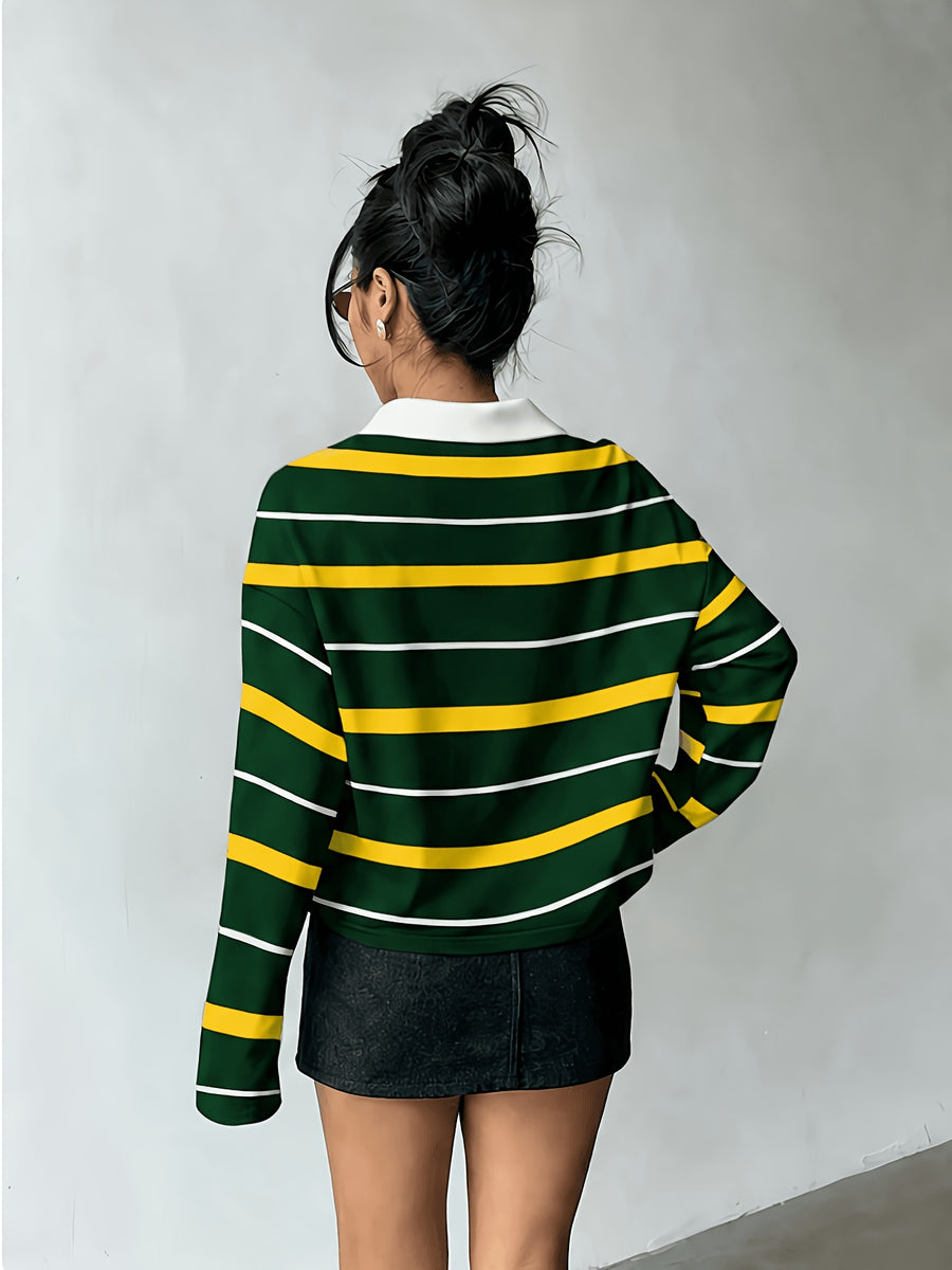 [Printed Design – Not Textured] Women's New Long-Sleeve Fashionable and Versatile Polo Shirt, American Vintage Striped Style in Black, Light Blue, and White Contrasting Horizontal Stripes with White Collar and Printed Long Sleeves. A Flattering - Green