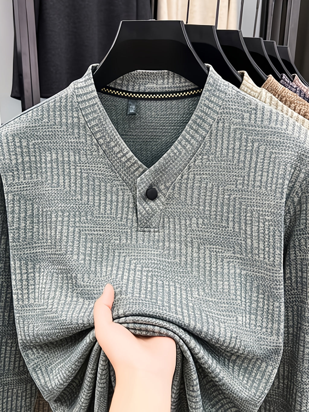 Men's Henley Collar Single-Button Long-Sleeve T-Shirt, Textured Jacquard Knit Top, Spring/Autumn Business Casual Daily Commute Base Layer Shirt - Medium Gray