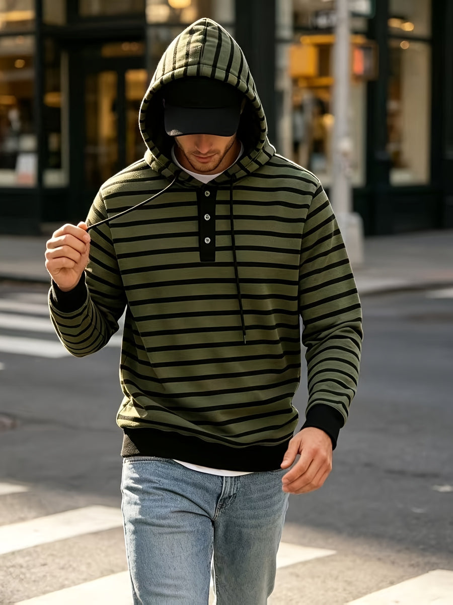 2026 New Men'S Striped Hooded Sweatshirt, Half-Button Drawstring Hoodie, Casual Long Sleeve Pullover Top - Military Green
