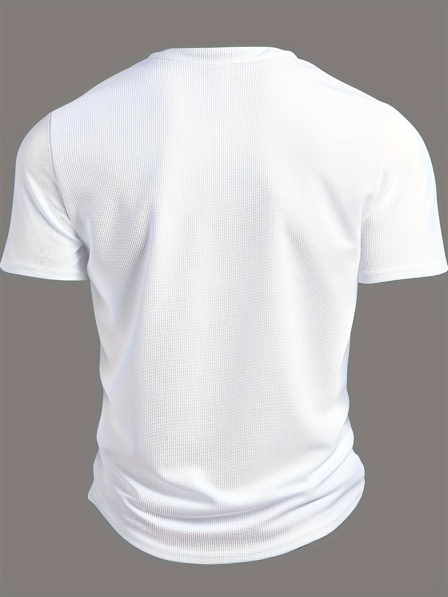 Men'S Textured Boutique Waffle Black And White Contrasting Color Doorman Print Design Fashion V-Neck Short-Sleeved Outdoor Sports Casual Henley Shirt - White