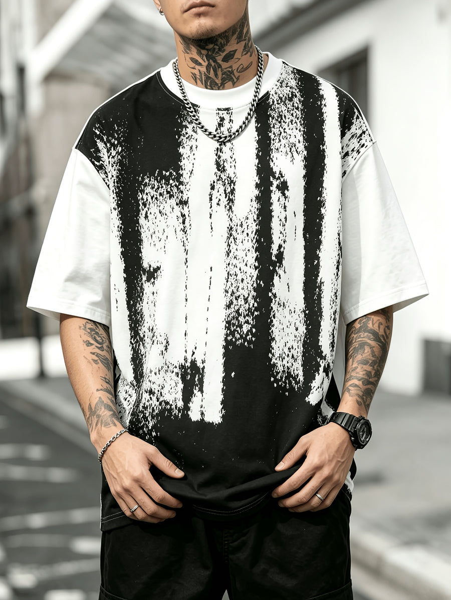 Men'S Oversized Drop Shoulder Crew Neck Short Sleeve T-Shirt, Vintage Faded Vertical Splash Print Elastic Loose Fit Hip Hop Streetwear Basic Tee, Breathable Relaxed Cut Summer Daily Outdoor Workout Casual Top for Men - White