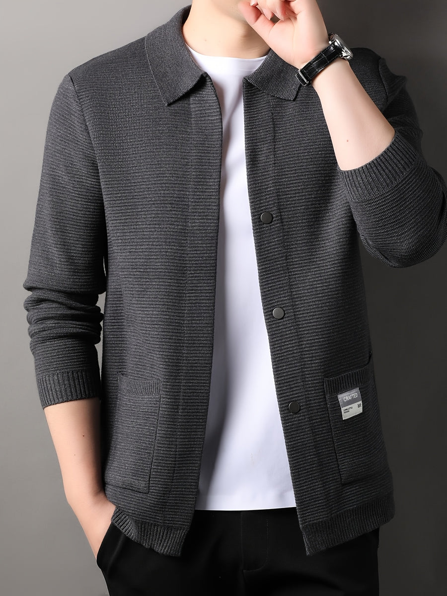 [Wading Whale OBM] Spring/Summer New Men'S Knit Cardigan, Old Money Style Solid Color Lapel Long Sleeve Open Front Sweater Jacket with Single Button Closure And Side Pockets, Suitable for Spring And Autumn Layering Or Outerwear - Dark Gray