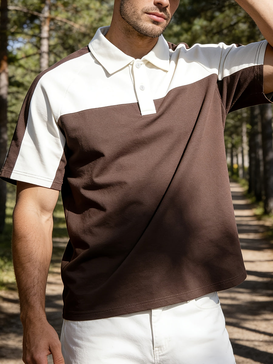 Spring Summer Men'S Mature Versatile Polo Shirt, Contrast Color Patchwork Short Sleeve, Casual Athletic Top - Mocha Brown