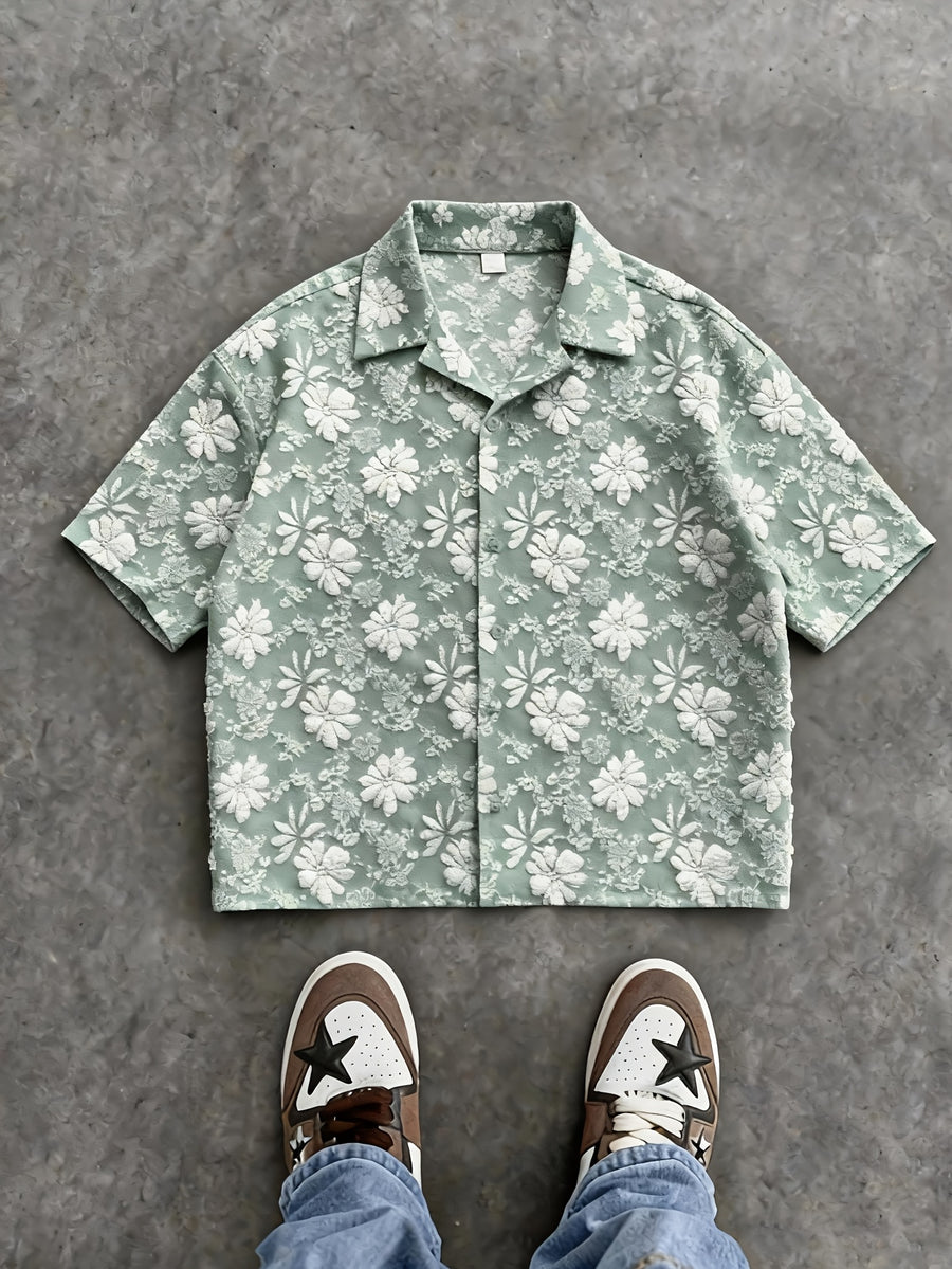 Men'S Fashion New Three-Dimensional Floral Jacquard Fabric Shirt, Full Texture with Rich Layers, Breathable And Light, Not Stuffy. Classic Cuban Collar Design, Summer Lazy And Casual Yet Refined, Daily Commute - Viridity