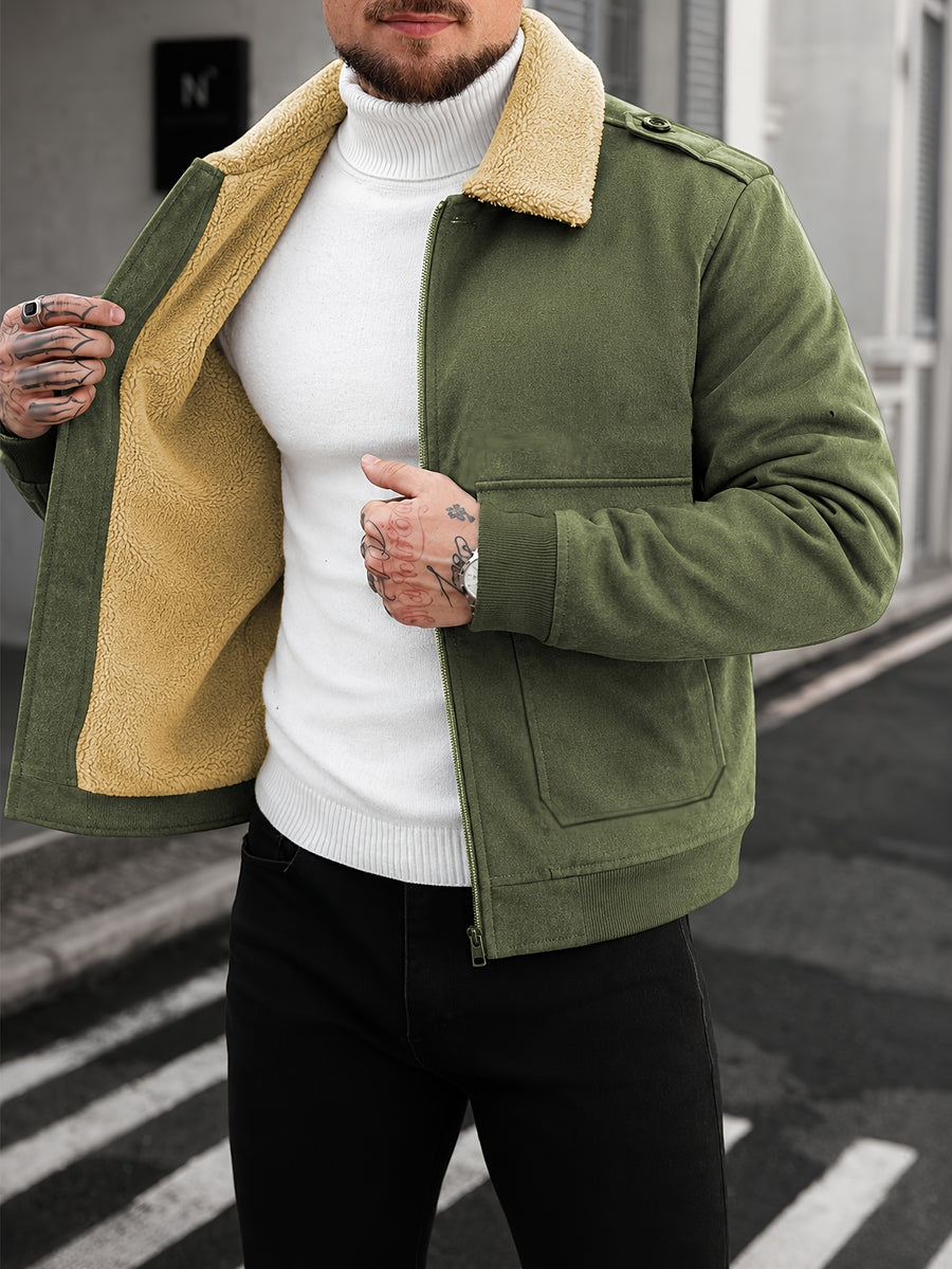 Men's Lapel -Lined Workwear Jacket with Shoulder Epaulettes, Double Pockets, Thickened Padded Coat for Winter, Vintage Motorcycle Style Stretch Cuff Cold-Proof Outerwear - 6026 - fern green