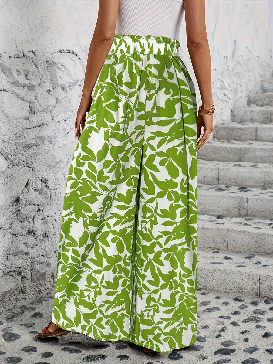 Women's Casual Elastic Waistband Printed Wide-Leg Pants - Green Flower