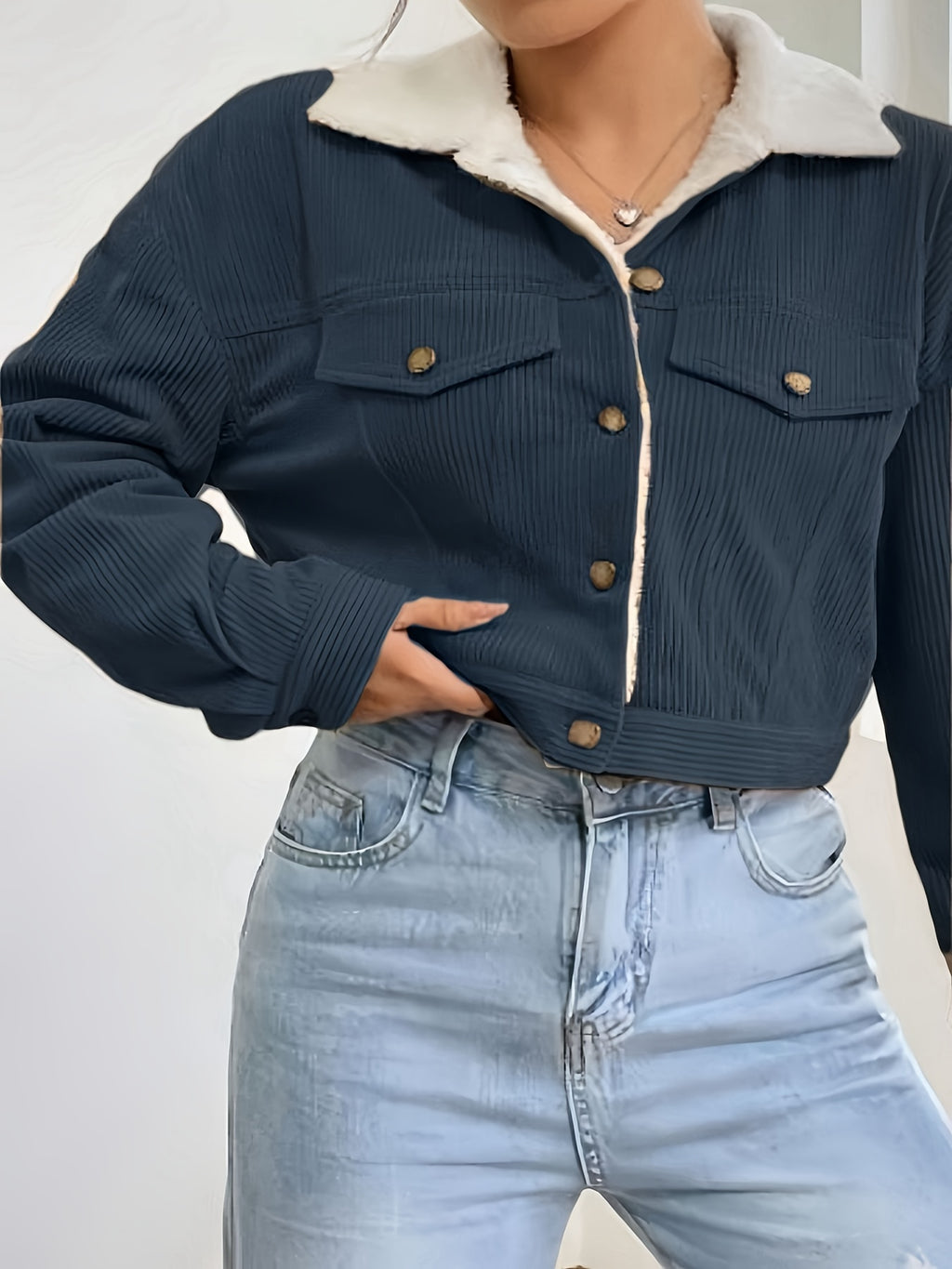 Women'S Short Corduroy And Lamb Jacket for Autumn And Winter, Featuring a Fleece Collar, Versatile Korean-Style Warm Top - Navy Color