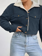 Women'S Short Corduroy And Lamb Jacket for Autumn And Winter, Featuring a Fleece Collar, Versatile Korean-Style Warm Top - Navy Color