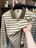 2026 Autumn Men's Long-Sleeve Striped Casual Lapel Polo Shirt - Apricot