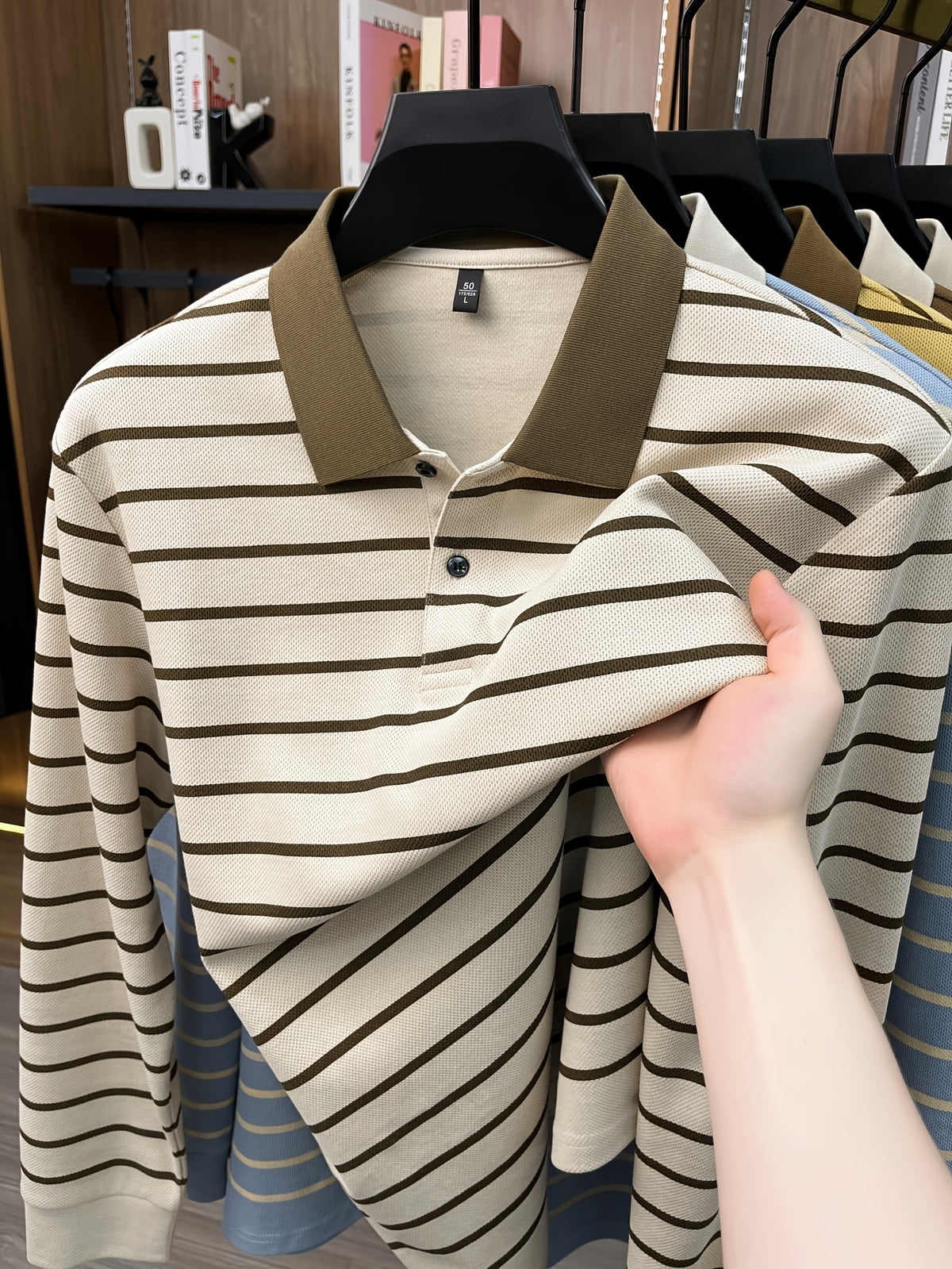 2026 Autumn Men's Long-Sleeve Striped Casual Lapel Polo Shirt - Apricot