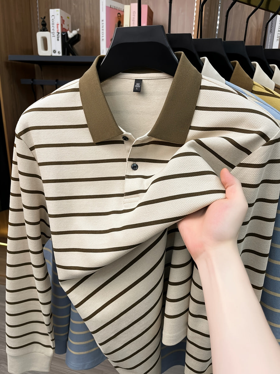 2026 Autumn Men's Long-Sleeve Striped Casual Lapel Polo Shirt - Apricot