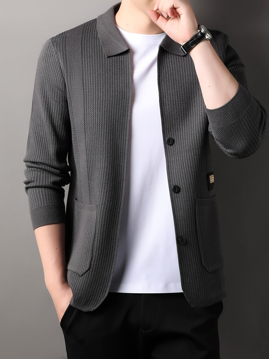 Du Jing Lan OBM Spring/Summer New Arrival Men's Knitted Cardigan, Old Money Style Solid Color Lapel Long Sleeve Open Front Knit Cardigan, Men's Business Casual Fashion Single-Breasted Ribbed Sweater Jacket with Side Pockets, Suitable for Layering - Dark Gray