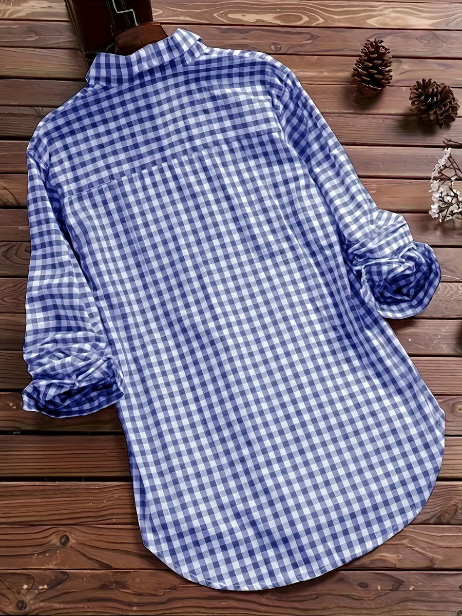 Women'S Spring Summer Casual Retro Commuter Long Sleeve Plaid Shirt - Blue