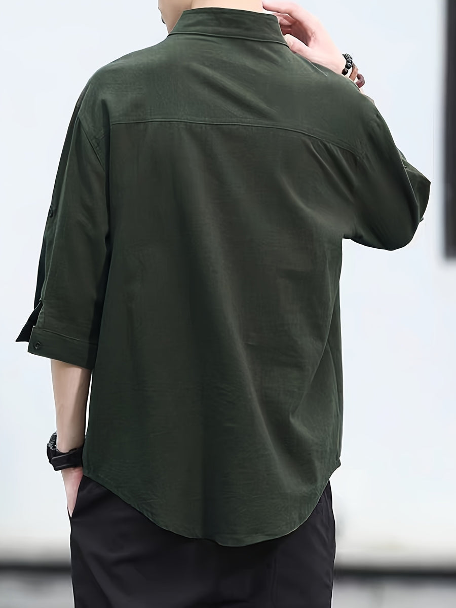 New Loose-fitting Chinese-style Stand-up Collar Men's Shirt, Comfortable and Breathable Linen Men's Mid-length Sleeve Shirt, Simple and Versatile Men's Casual Shirt. - Olive Green