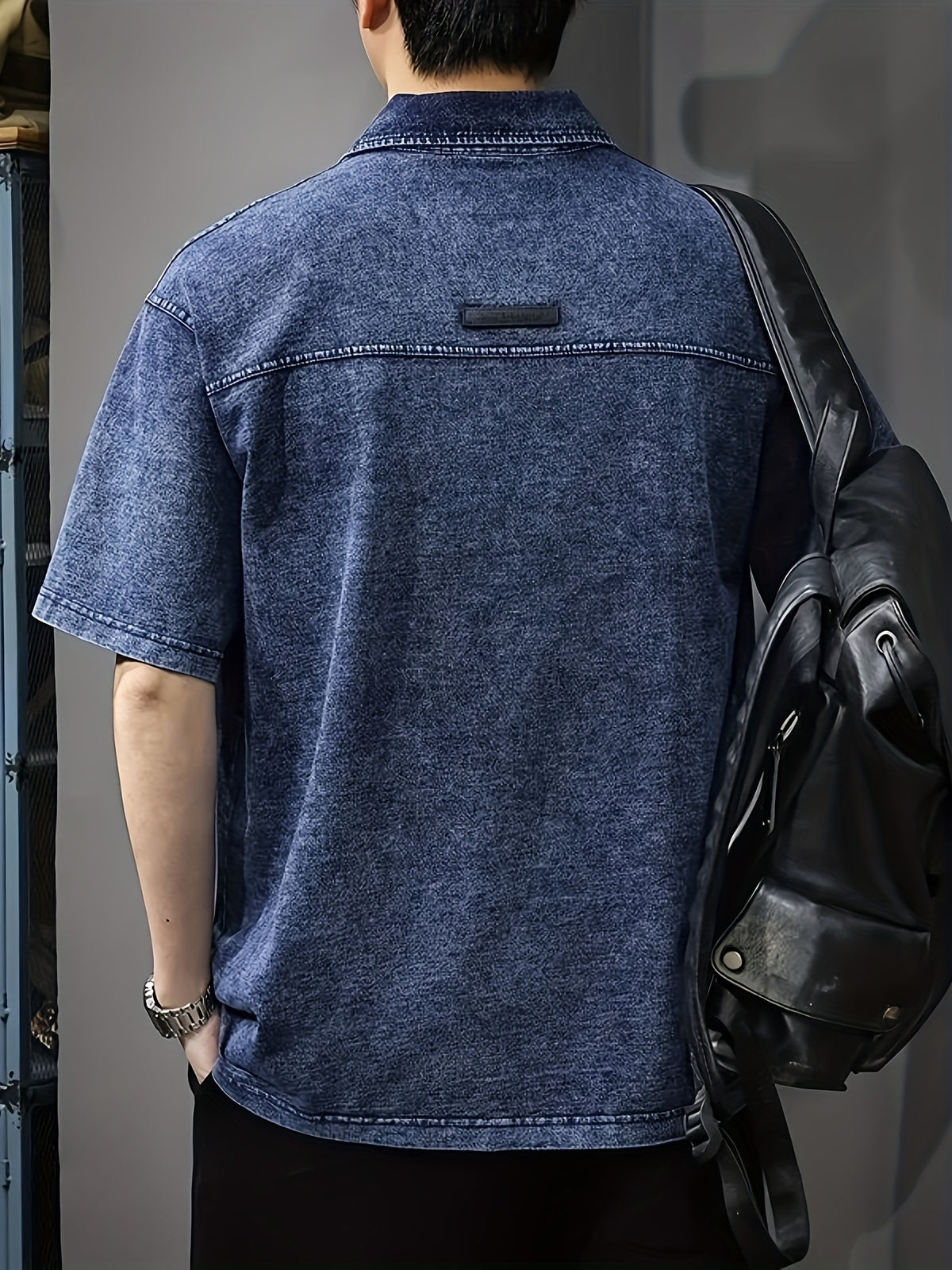 Men's American-Style Denim Short-Sleeve Polo Shirt, Summer Loose-Fit Lapel Heavyweight Premium T-Shirt - Blue