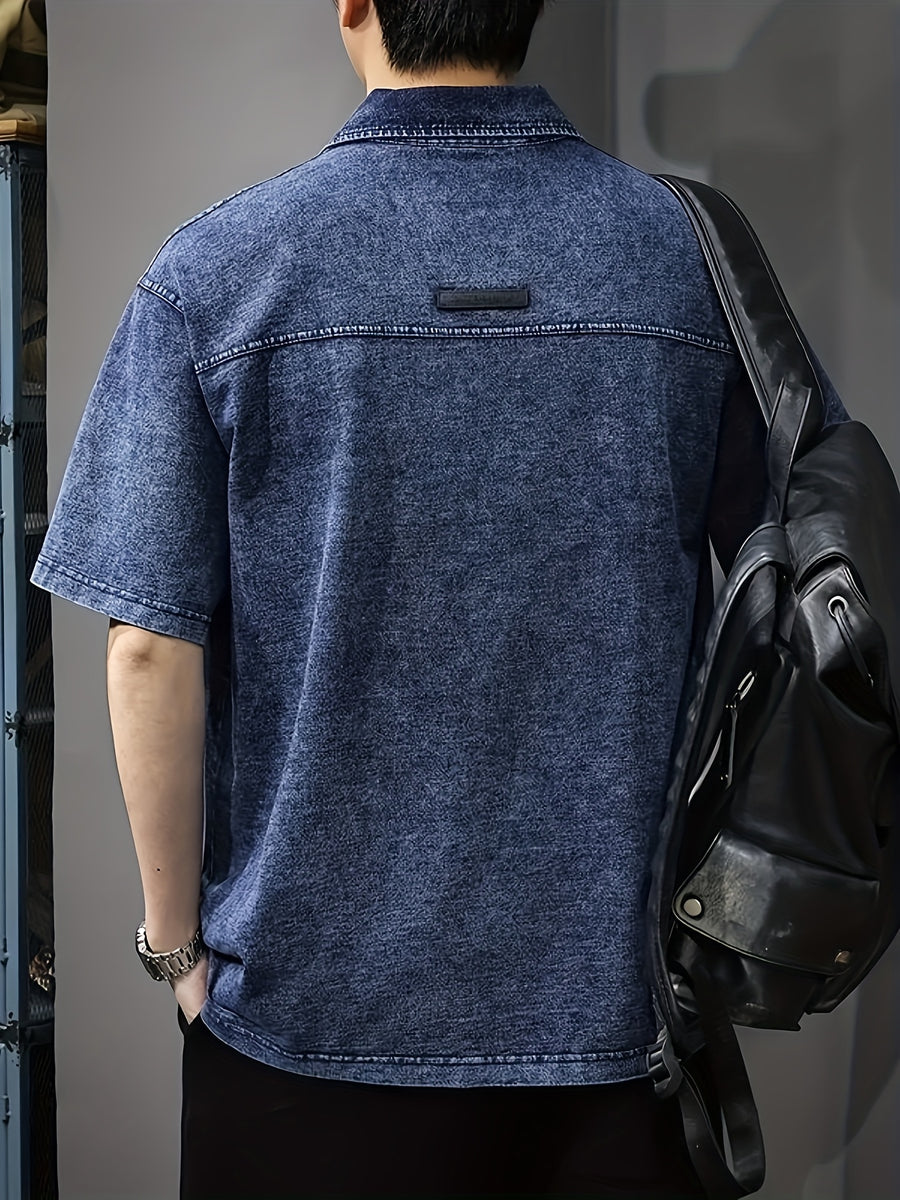 Men's American-Style Denim Short-Sleeve Polo Shirt, Summer Loose-Fit Lapel Heavyweight Premium T-Shirt - Blue