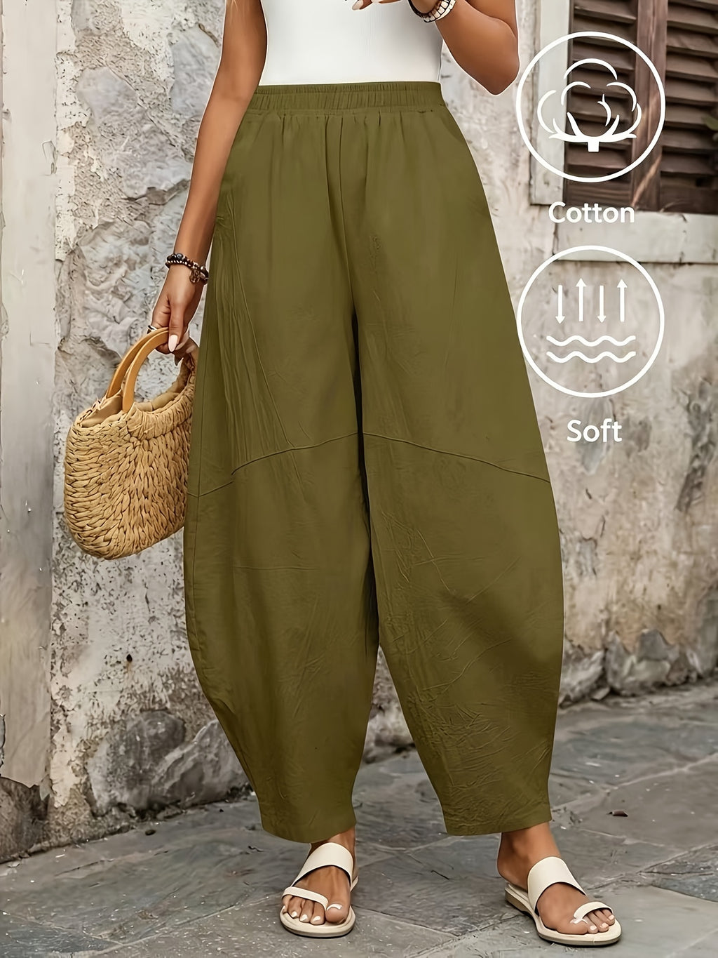 Women'S Easy Casual Solid Color Loose Flowy Bohemian Style Long Trousers, Suitable for Outdoor YYTT - Green