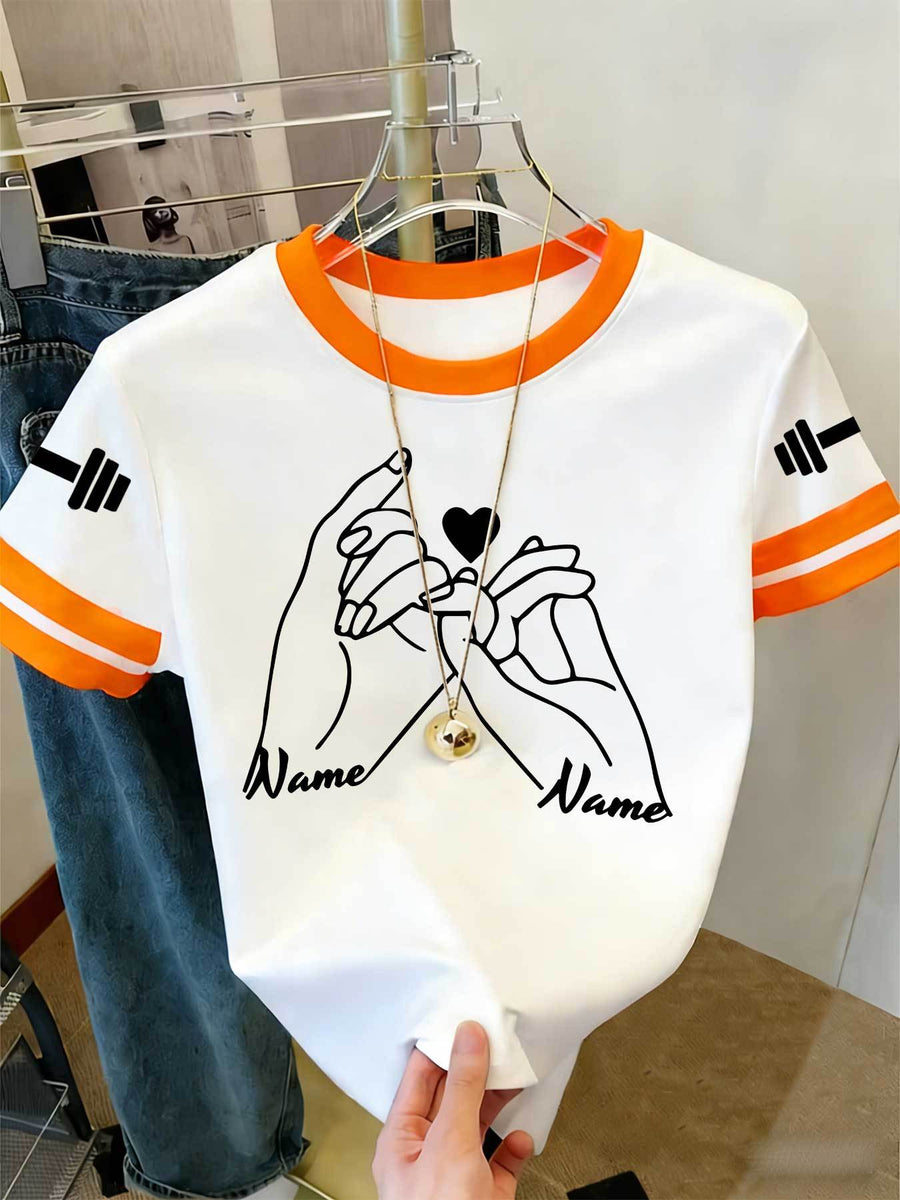 20pcs Women's Colorblock T-Shirt Single Piece, Hand-Drawn Line Art Couple Holding Hands with Heart Print, Colorblock Summer Sleeve Crew Neck Short Sleeve T-Shirt - Breathable Crew Neck Casual Sport Top, Loose Fit Spring Festival Trendy Apparel - Orange+Light White