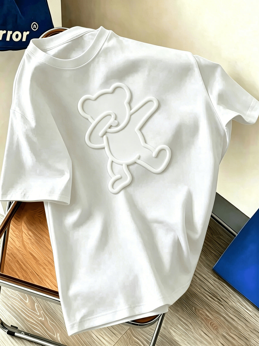 FP032 Summer Style 230g Heavyweight Premium Pure Men's Knitted Short-Sleeve Top, Comfortable and Breathable Summer Style with Foam Print, Fashionable and Trendy, Men's Casual Solid Color Crew Neck Short-Sleeve Base Layer, Drop Shoulder Loose Fit - White