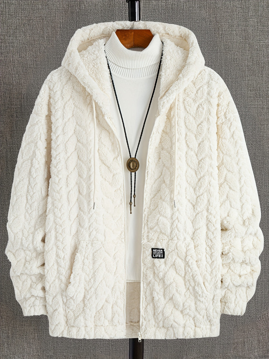 Thanksgiving Men'S Gift Easy Men'S Casual Jacket Hoodie Personalized Texture Jacquard Geometric Pattern Hooded Drawstring Full Zip Label Contrast Design Suitable for Daily Casual Fashion Classic Easy Outdoor Home Commute Warm Autumn Winter Men'S Plu - Off-white