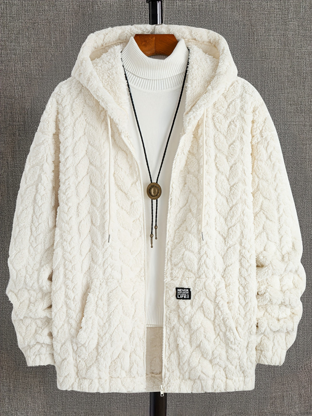 Thanksgiving Men'S Gift Easy Men'S Casual Jacket Hoodie Personalized Texture Jacquard Geometric Pattern Hooded Drawstring Full Zip Label Contrast Design Suitable for Daily Casual Fashion Classic Easy Outdoor Home Commute Warm Autumn Winter Men'S Plu - Off-white