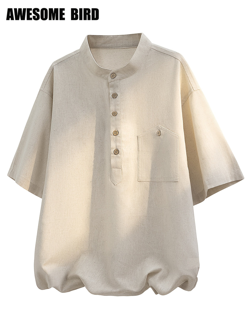 2026 Summer New Linen Short Sleeve Shirt Men'S Semi-High Neck Stand Collar Trendy Slight Loose Handsome Breathable Short Shirt - Off-white