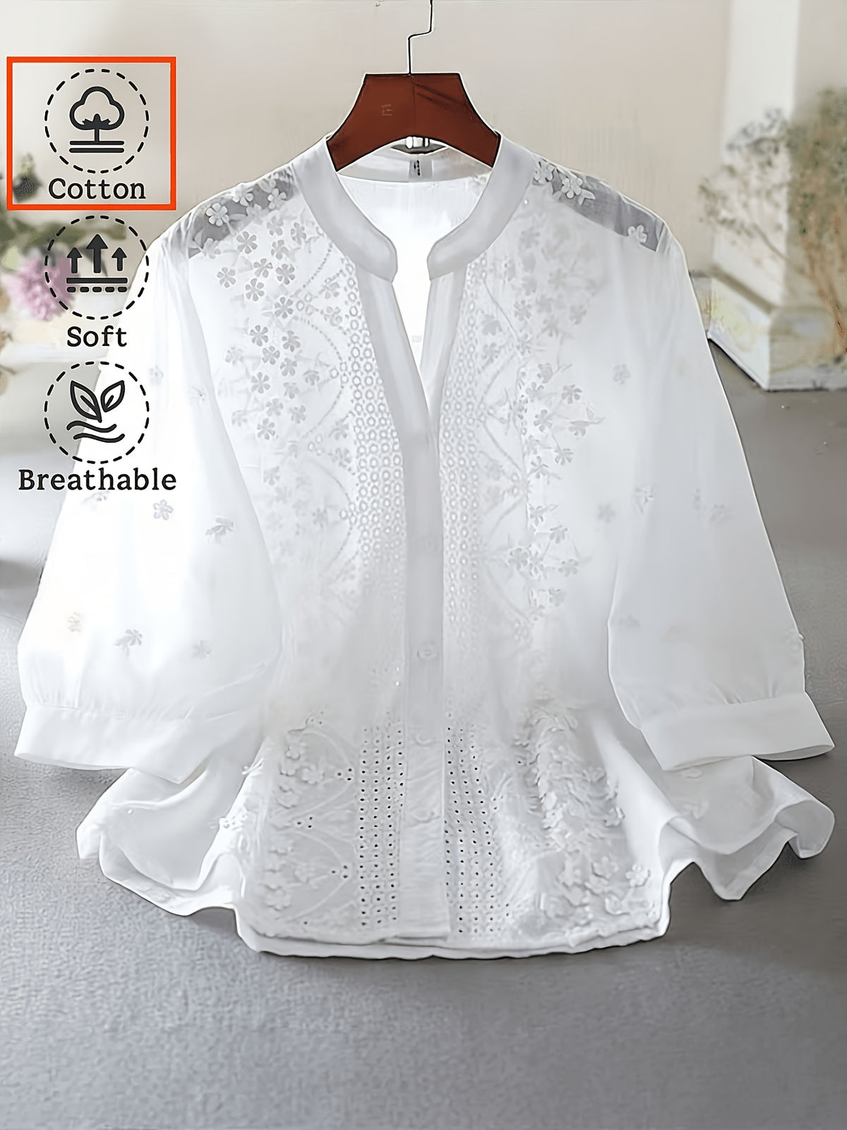 New Vintage Style Stand Collar Loose-Fit Casual Versatile Shirt with Three-Dimensional Embroidery, Artistic Top - White